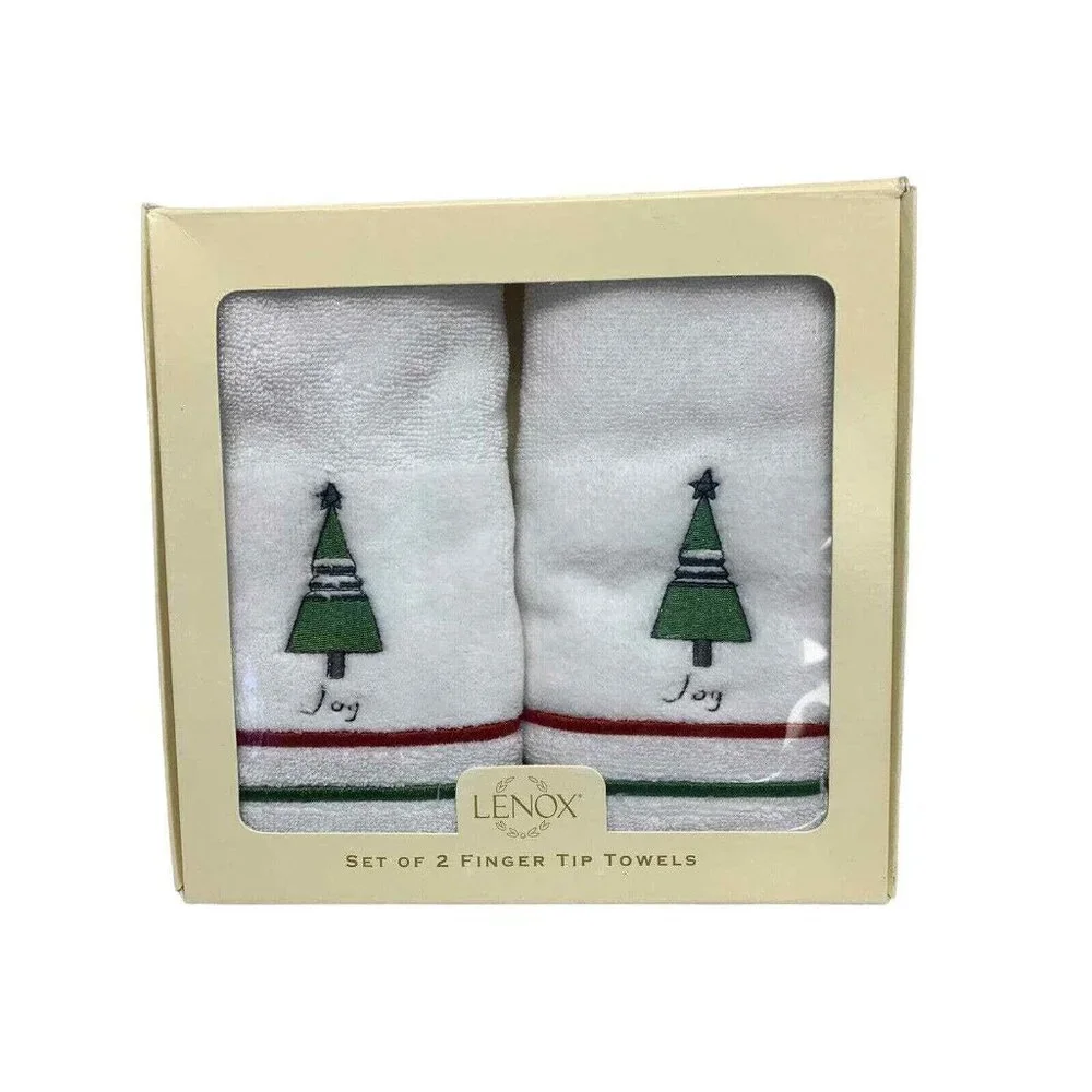Lenox Tin Can Alley Joy Christmas Tree Finger Tip Towels Set of 2 White New‎